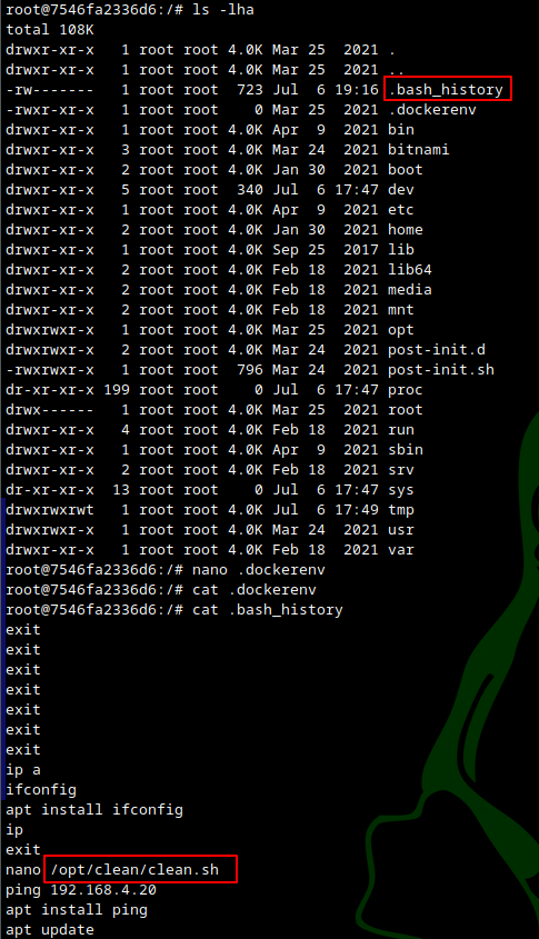 .bash_history revelando /opt/clean/clean.sh